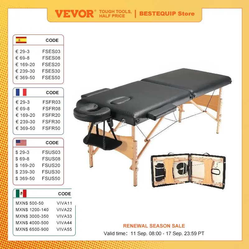 VEVOR 휴대용 접이식 경량 조절 가능 마사지 테이블, 살롱 문신 침대, 마사지 센터 스파 테라피 클리닉, 홈 뷰티