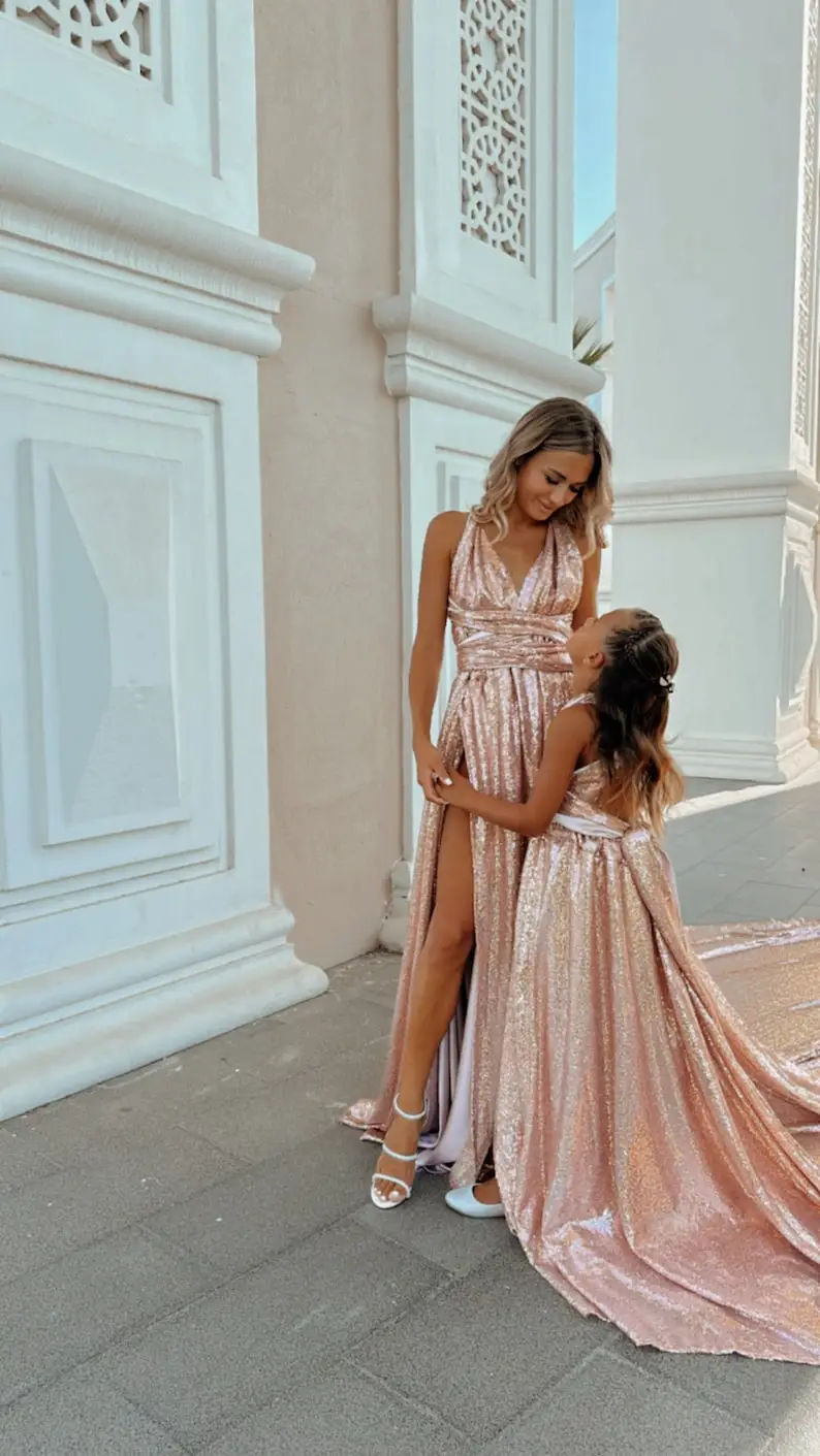 Slit V-Neck Long Sequins Mother and Daughter Dresses for Vacation Birthday or Even Sweep Train Mommy and Me Dress FOR Photoshoot