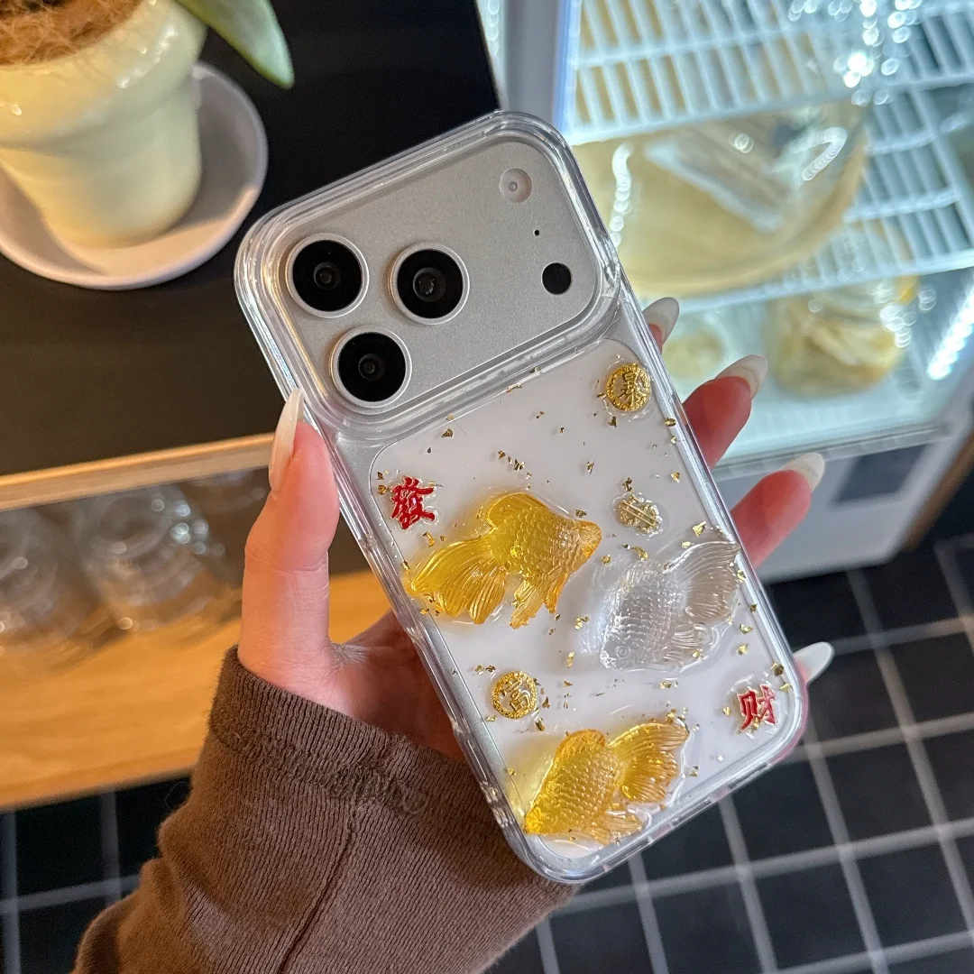 

Cute Cartoon 3D Shell Lucky Small Goldfish Phone Case For iPhone 17 16 15 14 13 11 12 Pro Max Plus Clear Epoxy Protective Cover