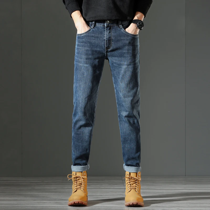 

Джинсы для мужчин, облегающие прямые Стрейчевые брюки из денима, повседневная мужская одежда стандартного кроя, голубая ткань, уличная одежда 2024