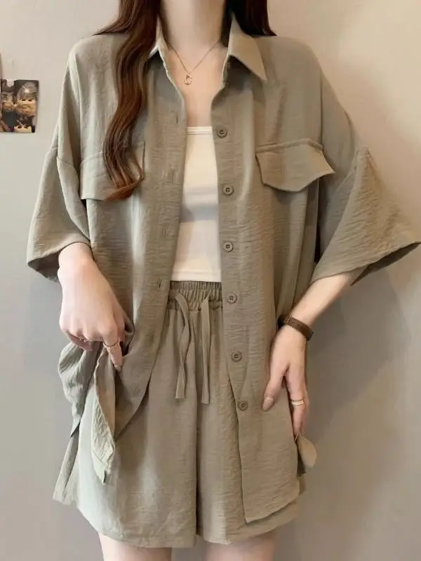 Summer Fashion Loose Women's Outfit Short Sleeve Shirt And Shorts Two Piece Set Stylish Casual High Waist Short Pants