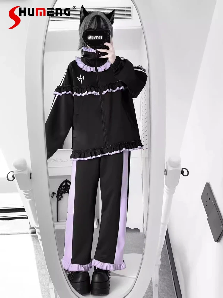 

Japanese Fashion Sweet Cool Sportswear College Style Student Y2K Loose Long Sleeve Zip Jacket Long Pants Shorts Leg Warmers Set