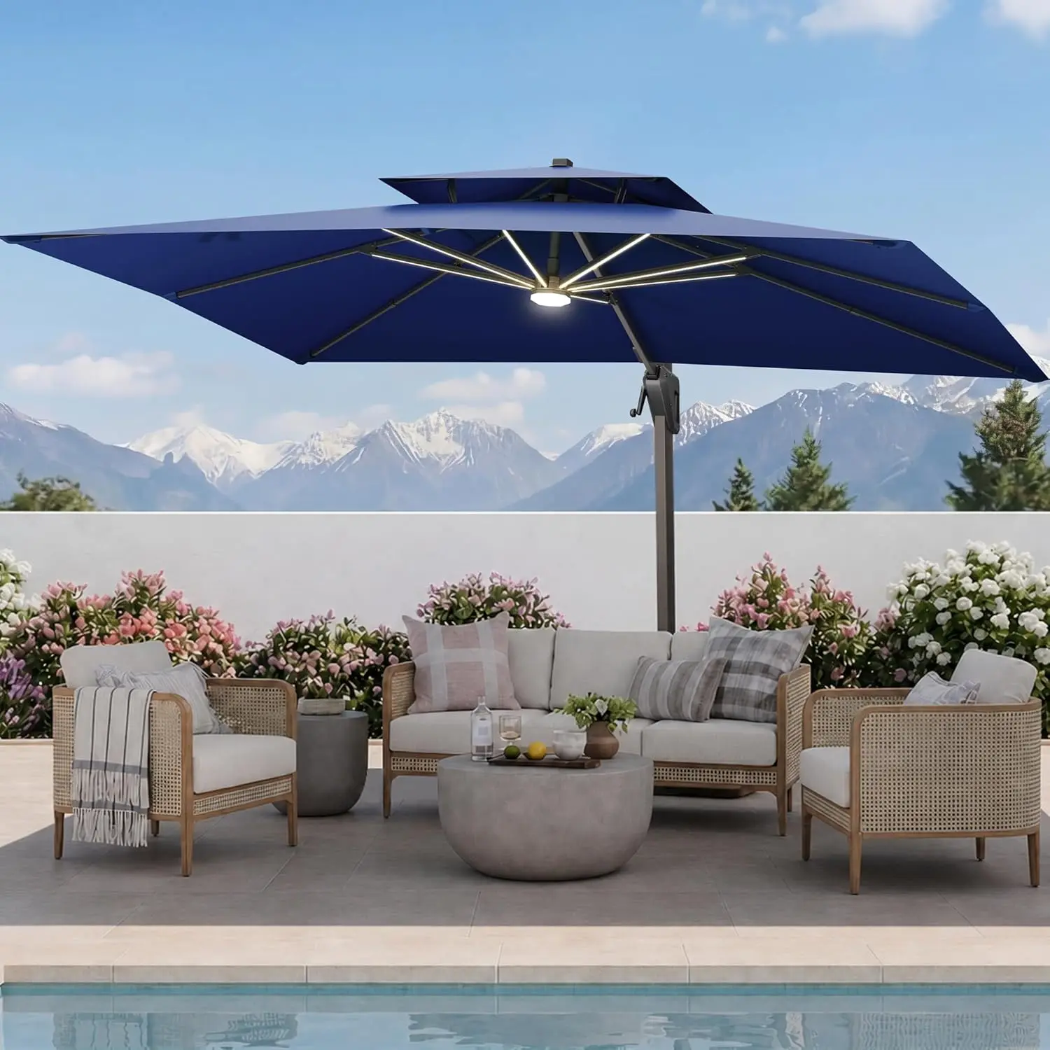 

10 X 13 FT Cantilever Patio Umbrella with Led Lights and Base Included Heavy Duty Outdoor Double Top Large, Customized