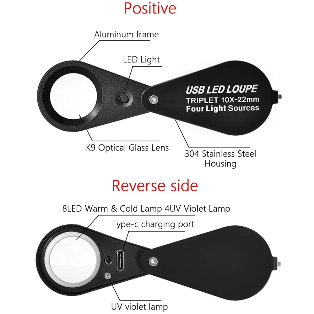 Lente d'ingrandimento per gioiellieri 10X 20X 30X con luci UV e LED con quattro modalità di luce Lente d'ingrandimento per gioielli pieghevole tascabile portatile