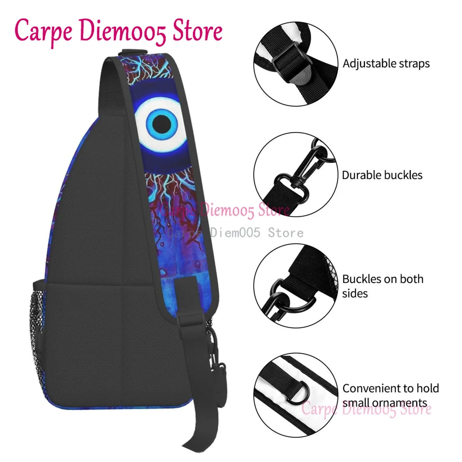 Navy Blue And Aqua Nazar Evil Eye Lucky Charm Sling Crossbody Chest Bag Men Shoulder Backpack for Hiking