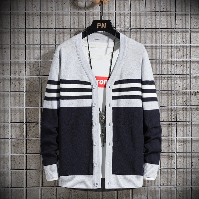 Korean Fashion Striped Cardigan Men Chic Baggy V-neck Japanese Style Harajuku Vintage High Street Knitting Sweatercoat All-match