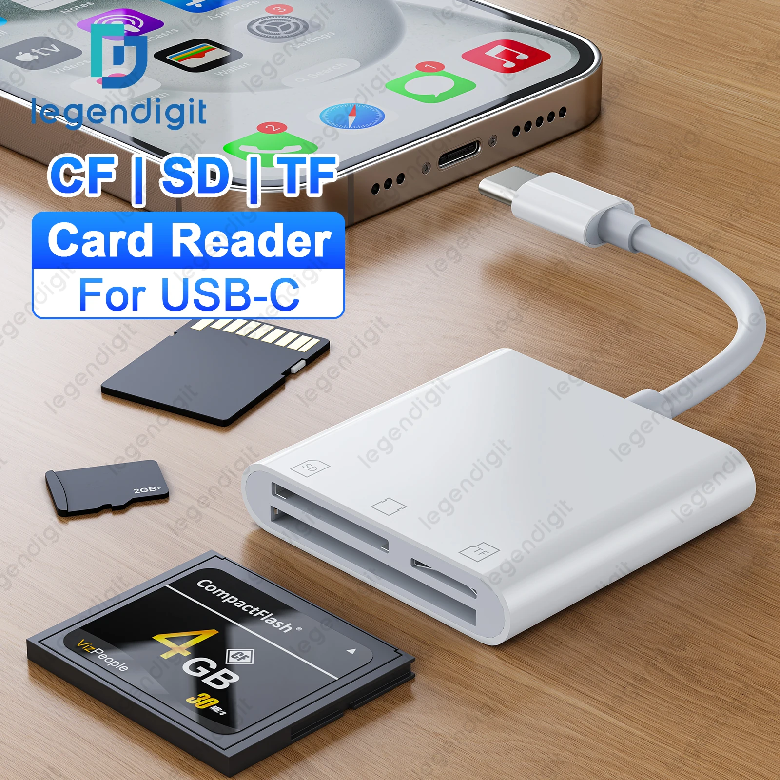 TypeC 3 Slots Memory Card Reader USBC to CF SD TF OTG Adapter MicroSD Card Reader for IPhone15 iPad MacBook Laptop Camera Drone