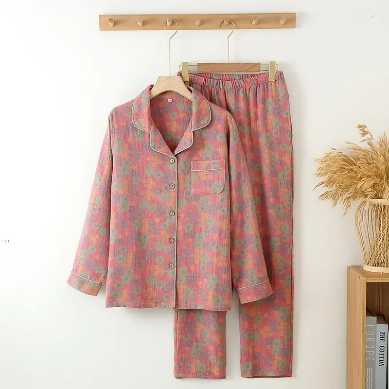 Frühling Herbst neue Damen Damen Pyjamas Set Vintage Blume bedruckte Baumwolle Turn-Down-Kragen Langarmhose Hauskleidung