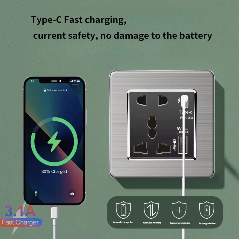 Black Brushed Stainless Steel Wall Lamp Switch, British Standard 13A Universal USB C3.1A18W Fast Charging Socket, Light Switch
