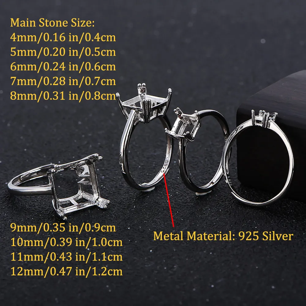 S925 Sterling Silver Square Ring Mount Blank, Adjustable Open Ring Setting, Multi Sizes for DIY Jewelry Supplies