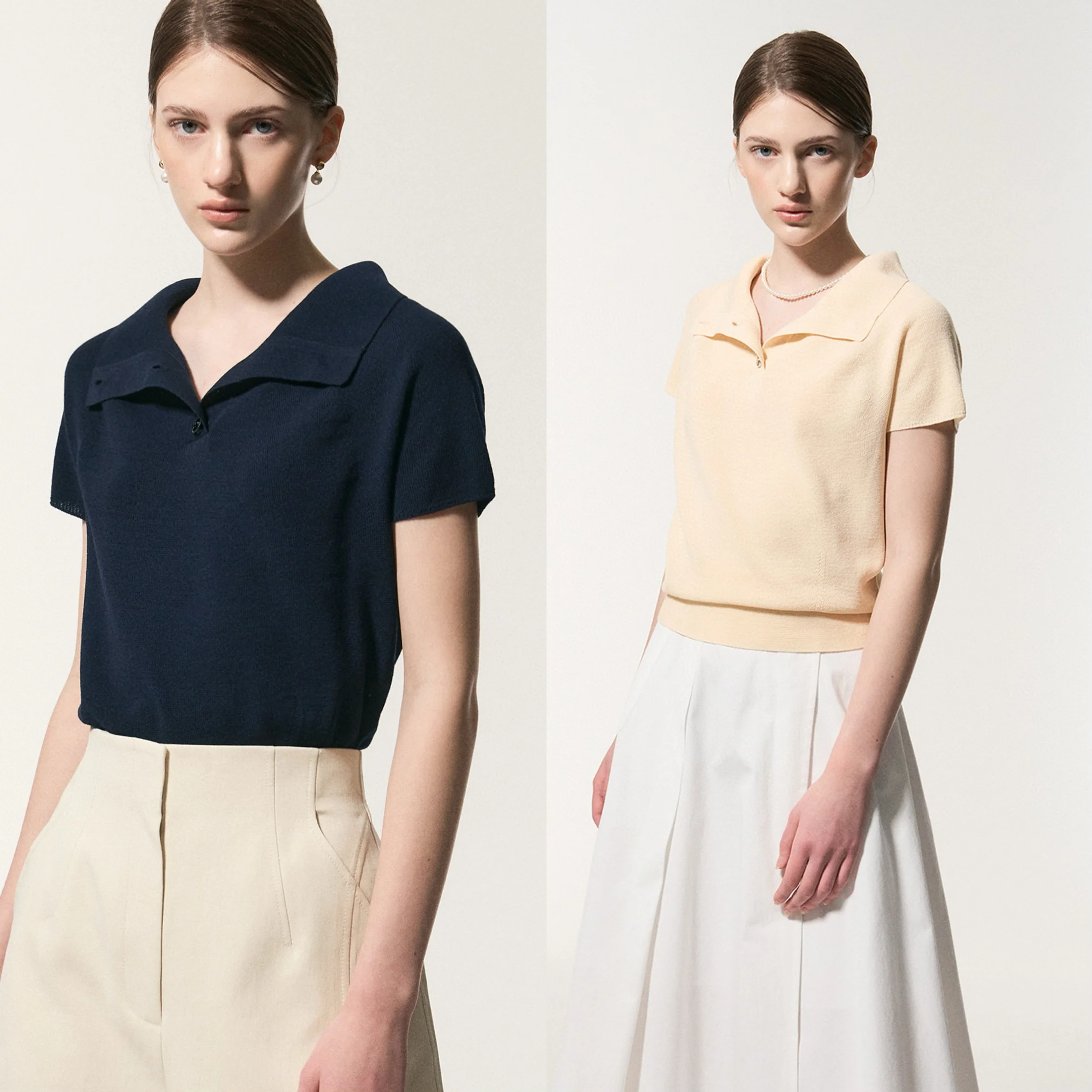 

Spring New Sle M25 Korean Single ort Sve Knitted Ne irt Stand Collar Flip Collar Women's Slim Fit Faion