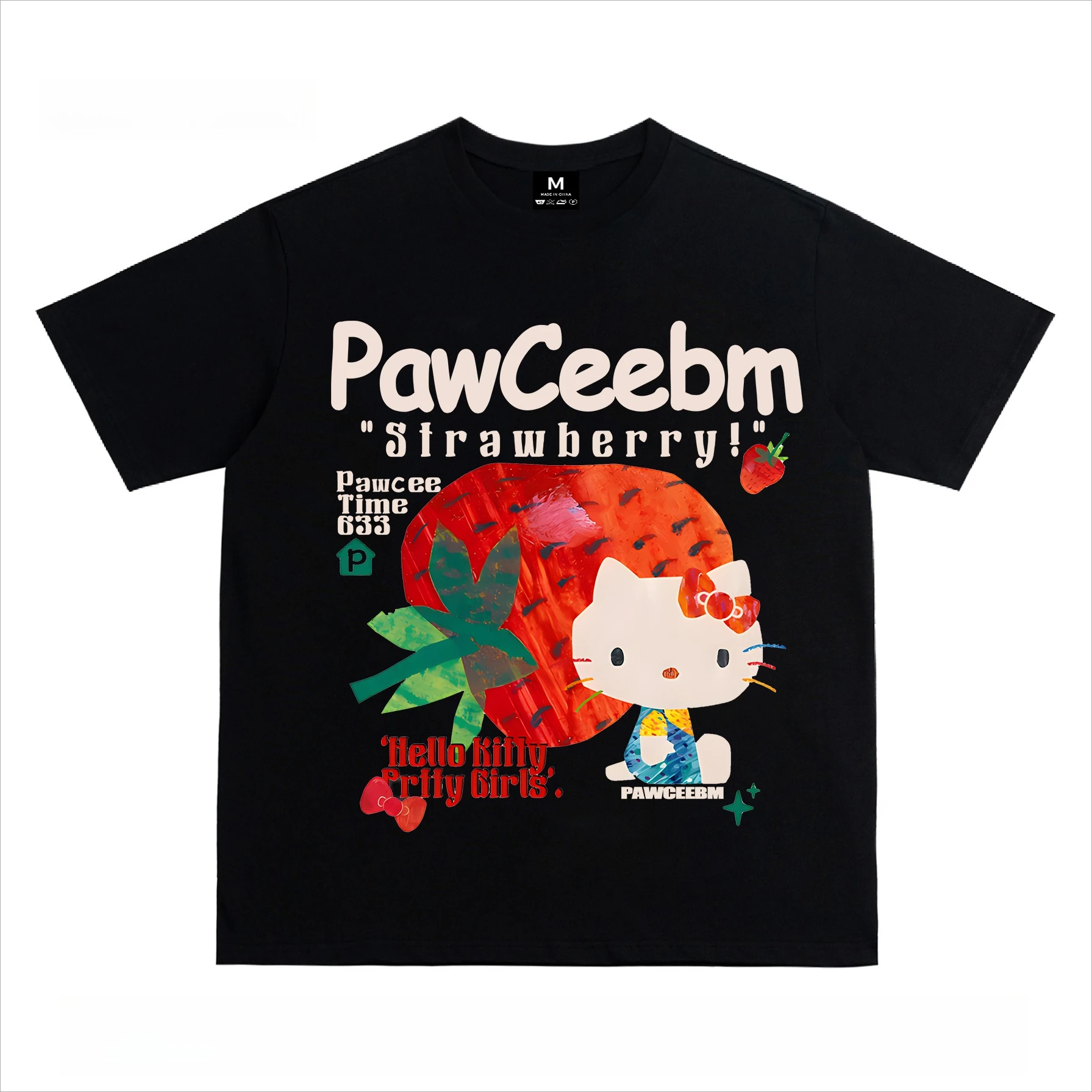 

Американская ретро-футболка National Tide Strawberry Kt Cat Tide Brand с короткими рукавами для мужчин и женщин с одинаковыми свободными топами