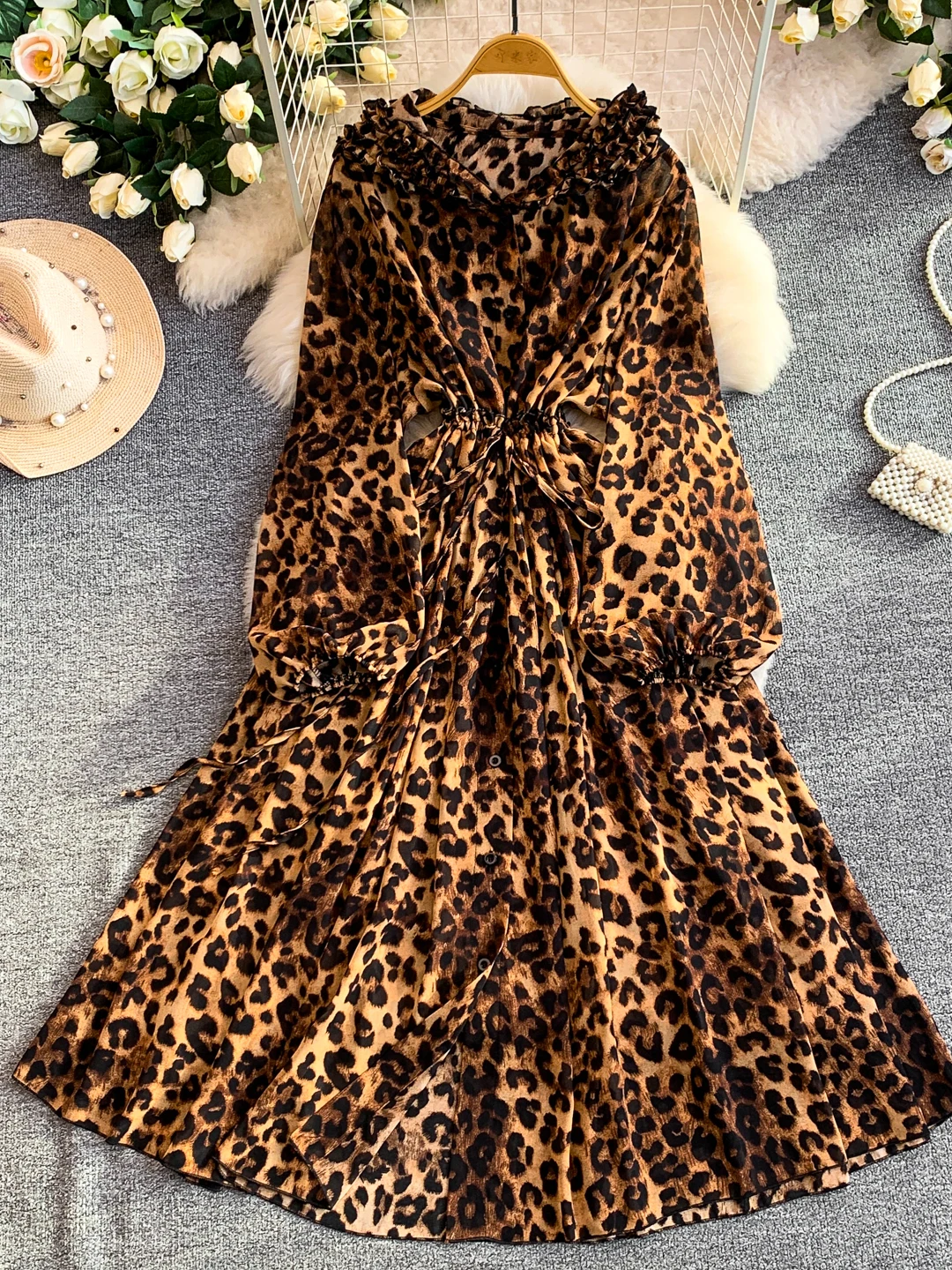 Chic Leopard Print Hat Dress Women's Autumn Drawstring Waist Slimming Midi Dress Sexy Girl Style Breathable Skin-Friendly Lon...