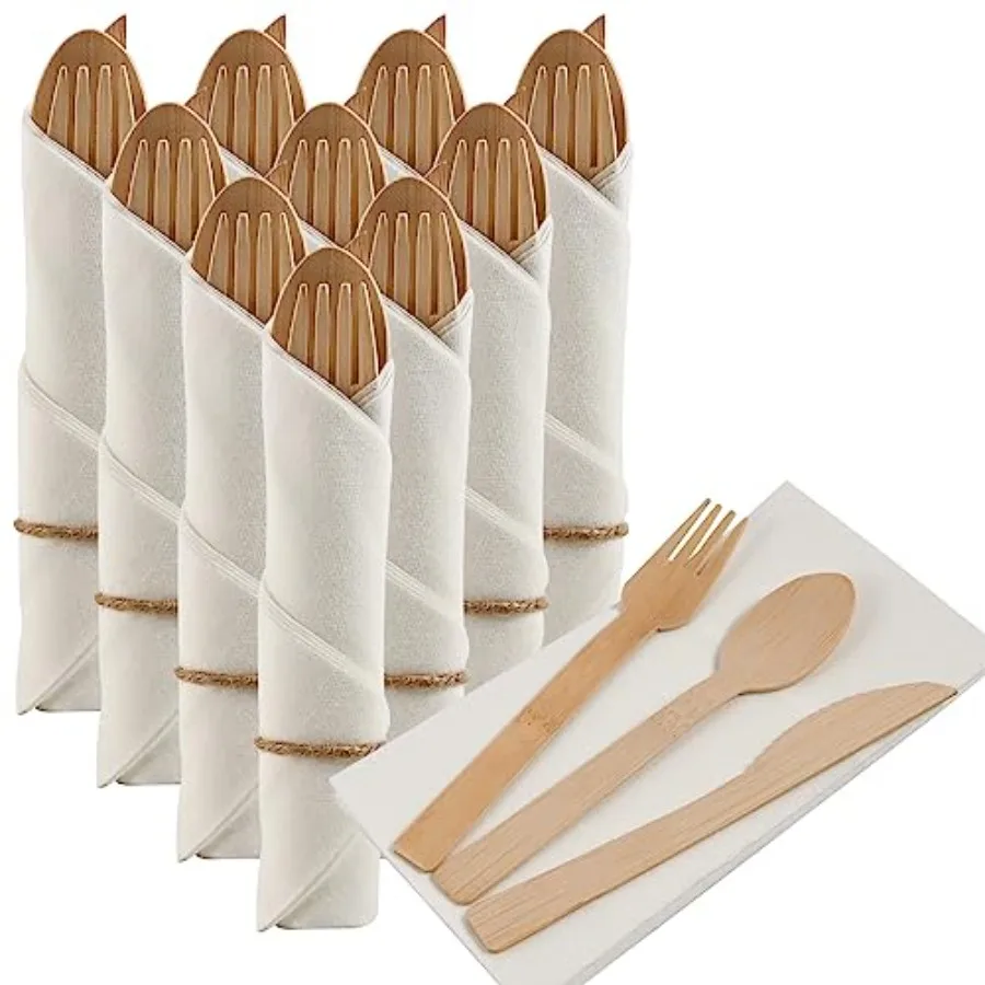 Pre Rolled Napkin and Bamboo Cutlery Set - 10Pack Bamboo Utensils/Compostable Cutlery 10 Forks, 10 Knives, 10 Spoons, 10 Napkin