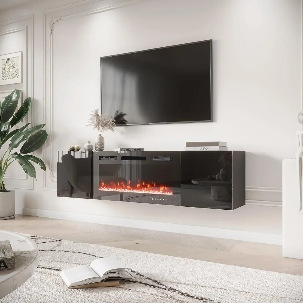 70'' Floating TV Stand with 36'' Electric Fireplace, High Gloss Finish Entertainment Center 12 Flame Fireplace Insert Heater