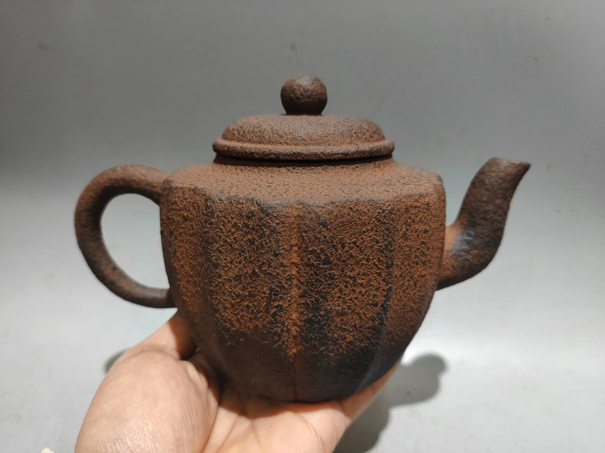 Old Chinese Handicraft Enameled YiXing Zisha (red stoneware) Teapot,Iron Sand Muscle Texture Palace Lantern Pot, Free shipping