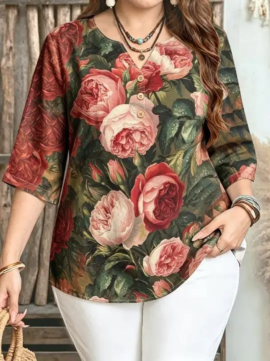 Pliu Size Women 3/4 Sleeve V‑Neck Blouse Button Decor Sunflower Peony Iris Floral Print Casual Ladies Tops