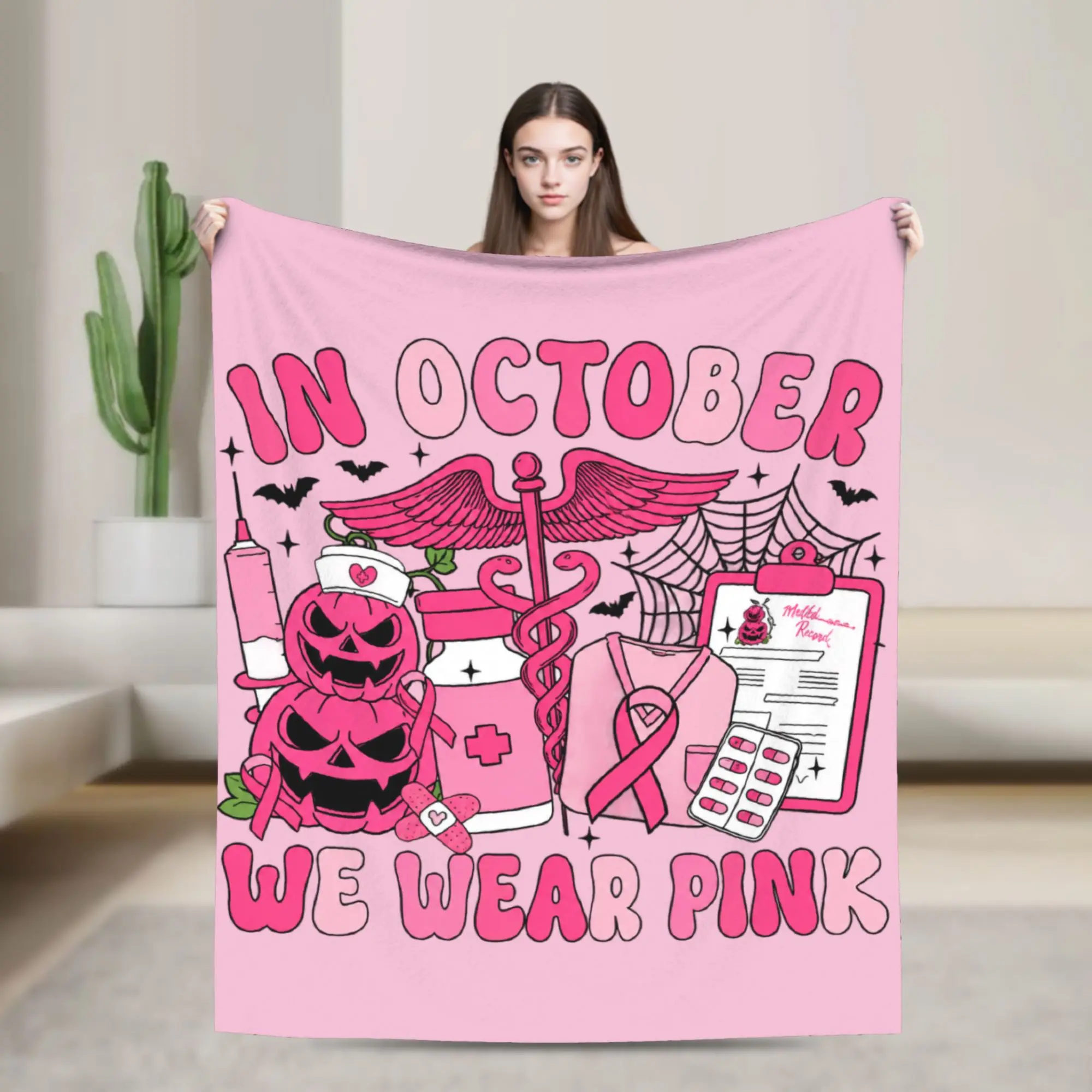 Breast Cancer Awareness Pink Ribbon October Halloween Medical Blanket  Wool Awesome Warm Throw Blankets for Coverlet  Winter
