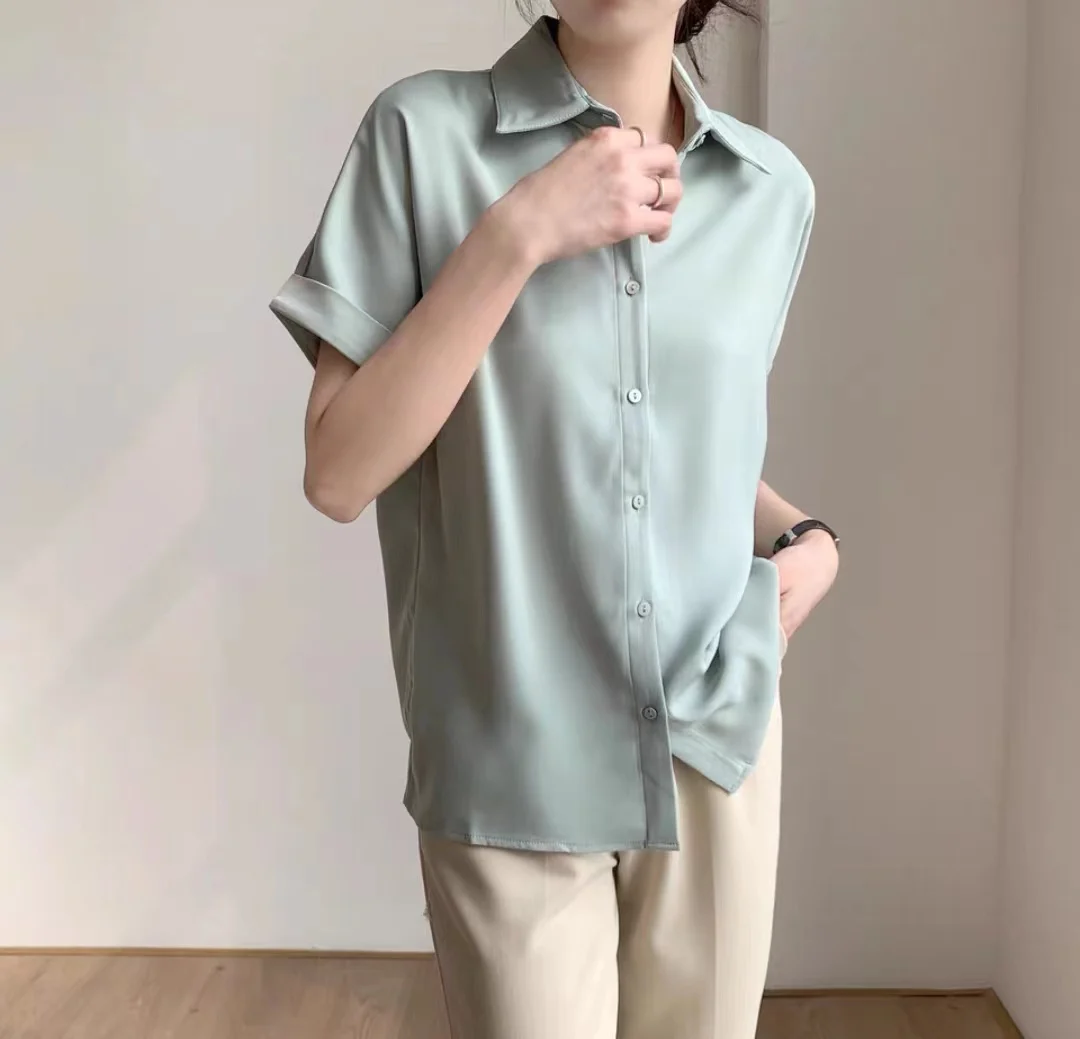 

Elegant Vintage Women Solid Short Sleeve Shirts Korean Fashion Summer Female Blouses Casual Simple Clothes Tops For Lady Trendy