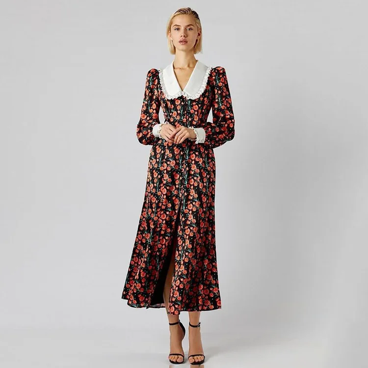 

2026 spring temperament design sense printed long skirt doll collar slimming new long sleeved dress