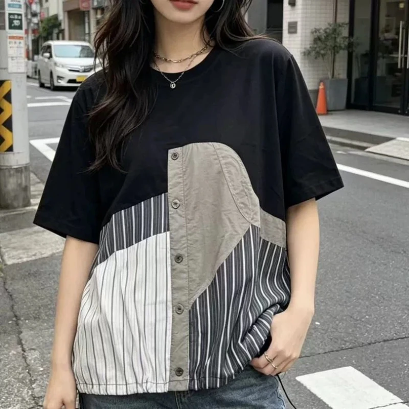 Lazy Striped Contrast Patchwork Drawstring Tops Summer New Short Sleeve Plus Size Vintage T Shirts Casual Fashion Women Clothing
