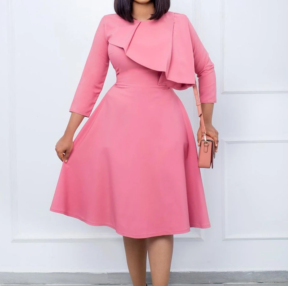 

Women's Elegant Round Neck Ruffle Design A-Line Dress Temperament Commuting 2024 Spring Women New Fashion High Waist Dresses