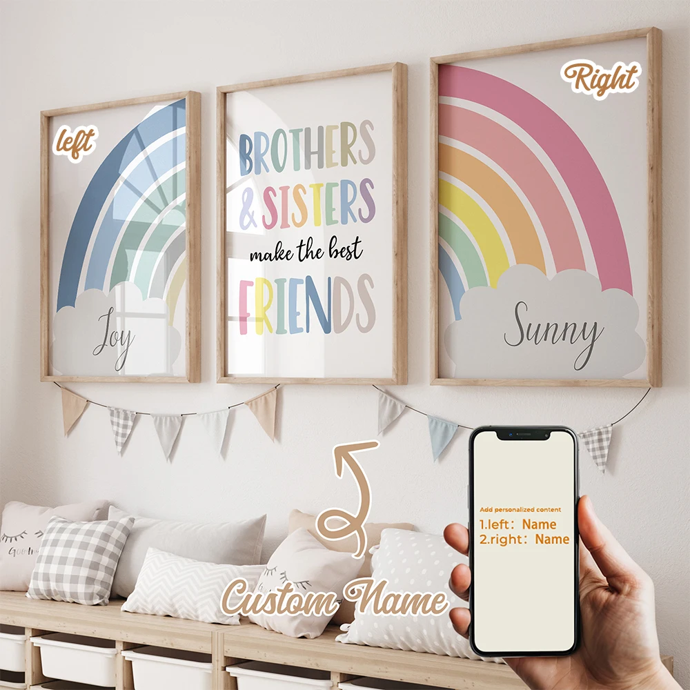 3 Stück personalisierte Wandkunst mit individuellem Namen, bunten Regenbogen-Zitaten, Kunstdruck für Wohnzimmer, Kinderzimmer, Heimdekoration, Geschenk