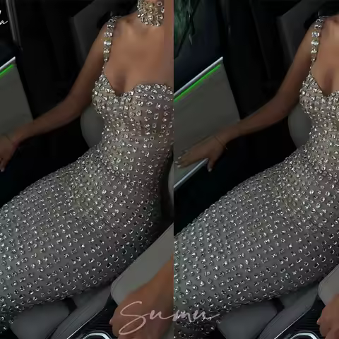 Silver Sweetheart Neck Prom Dress Sleeveless Diamond Customized Luxurious Women Evening Dresses Mermaid vestidos de fiesta