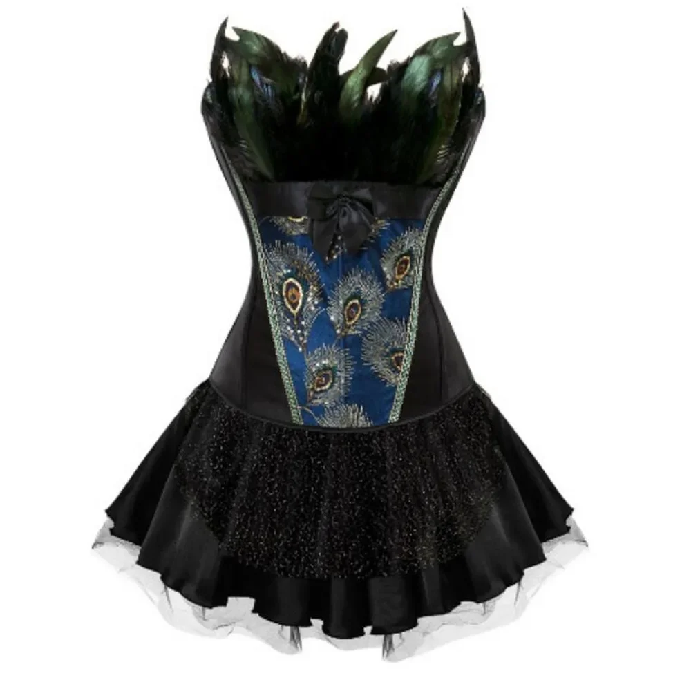 Gothic Corset Dress Steampunk Peacock Glitter Bustier Lace Up Corsage Tutu Burlesque Costume Carnival Party Outfit Plus Size view 4