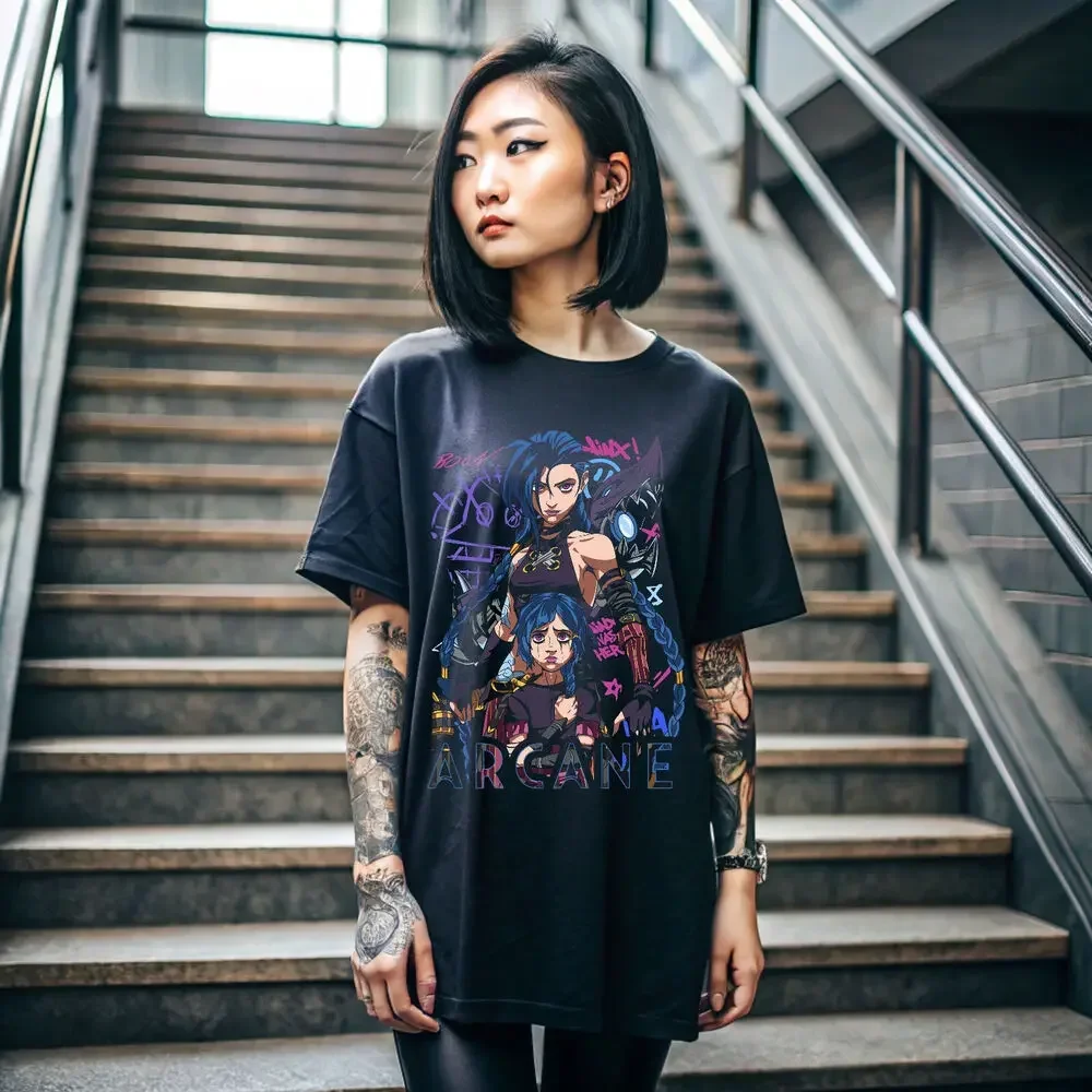 Jinx Arcane T-Shirt Japanese Anime Cartoon Jinx Black T-Shirt 044  Graphic T Shirts  Oversized T Shirt Women's Clothing