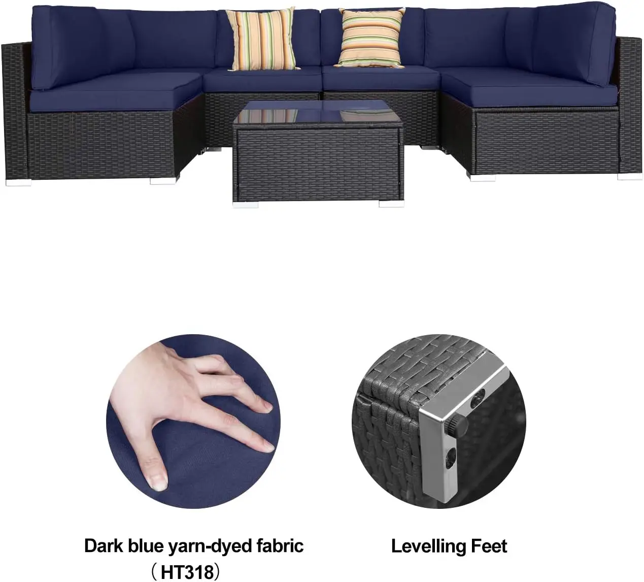 7pcs Outdoor Sectional Rattan Wicker Sofa Set,Patio Conversation Sets with Cushions &1 Tempere Glass Table for Backyard (Blue)