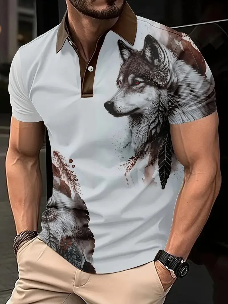 Wolf Lion Animal Print 3D Printed Men\'s Polo Shirt Fashion Comfort Golf Tennis Tops Summer Oversized Cool Button Clothing