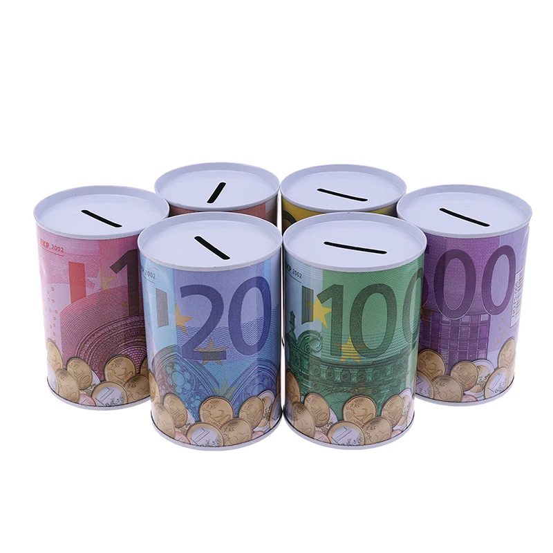 Tinplate Cylinder Piggy Bank Euro Dollar Picture Box Household Saving Money Home Decoration Boxes