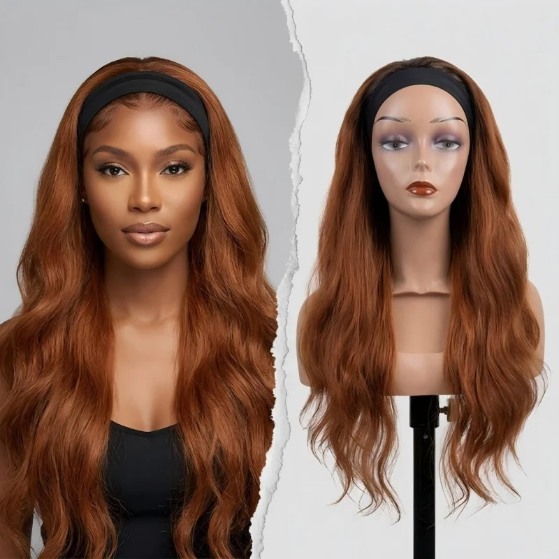 14 Inch Ginger Water Wave Headband Wig, No Lace Design, Soft Loose Wavy Texture, Easy To Wear Without Glue, Natural Ginger Color