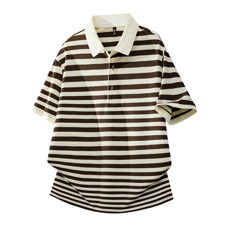 2026 Summer Men stripe Comfortable Breathable Versatile Loose Short Sleeve Men's Casual High-Quality Trendy Lapel Polo Shirts