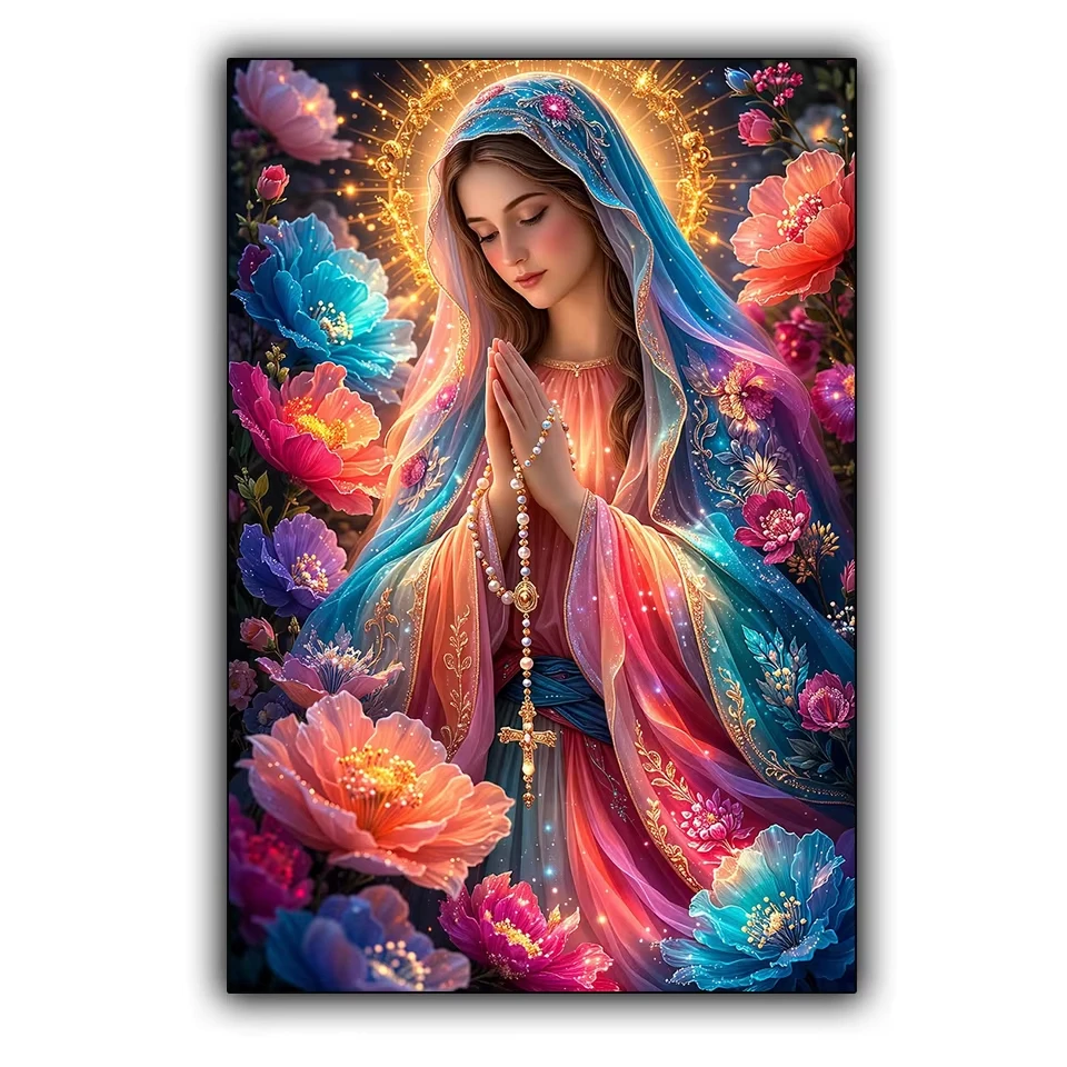DIY Praying Virgin Mary Diamond Painting, Glowing Rainbow Robe Rosary Vibrant Peony Floral Sacred Wall Decor Gift