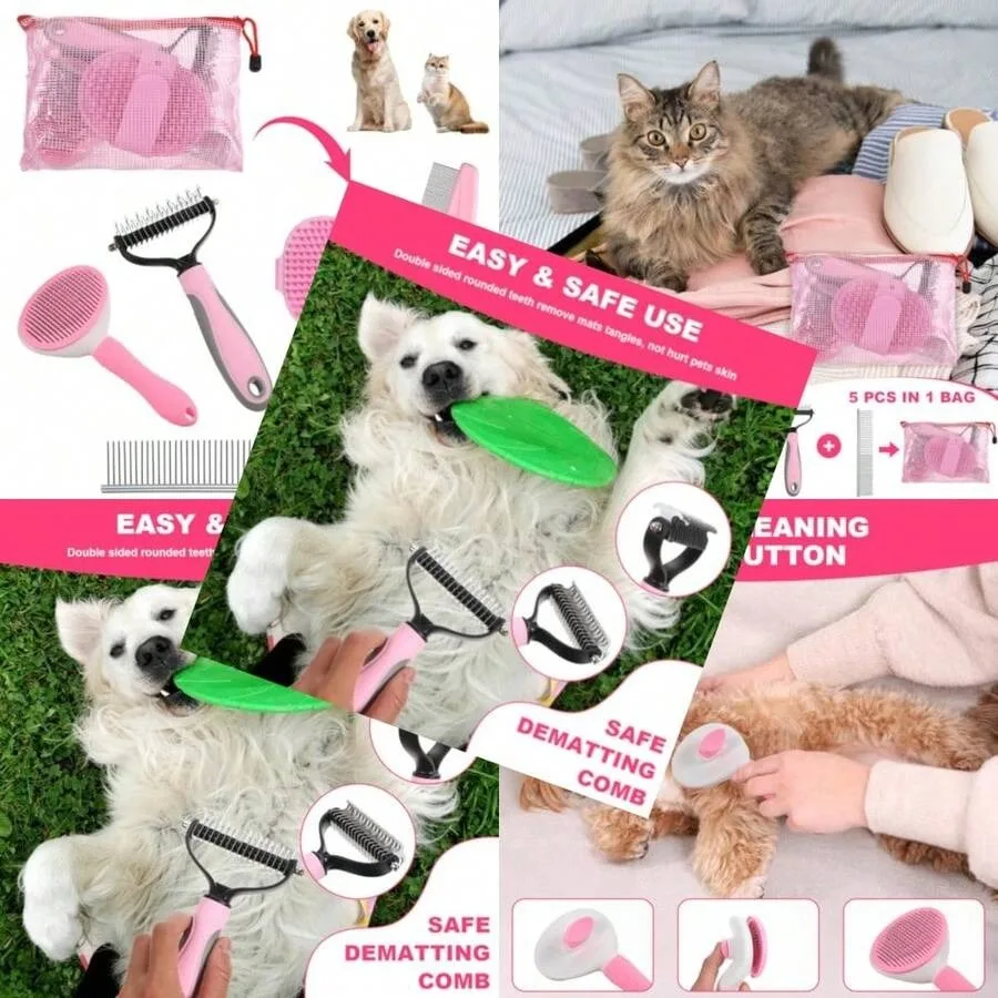 【New style】6PCS Dog Grooming Kit Pet Grooming Kit Deshedding Brush For Short Hair Slicker Brush Flea Comb Puppy Brush Set In Pi