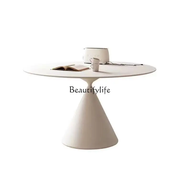 

Simple pure white rock slab dining table Round inlaid turntable Cream style dining table