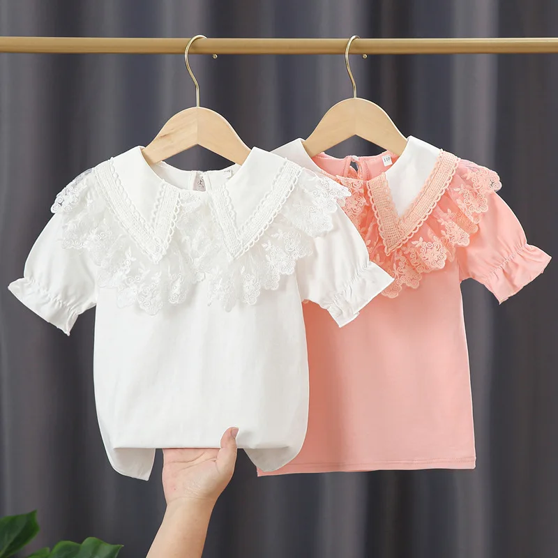 new delivery summer children kids baby solid short sleeve T shirt 3-11year students girls clothes lace top clothes 95%cotton