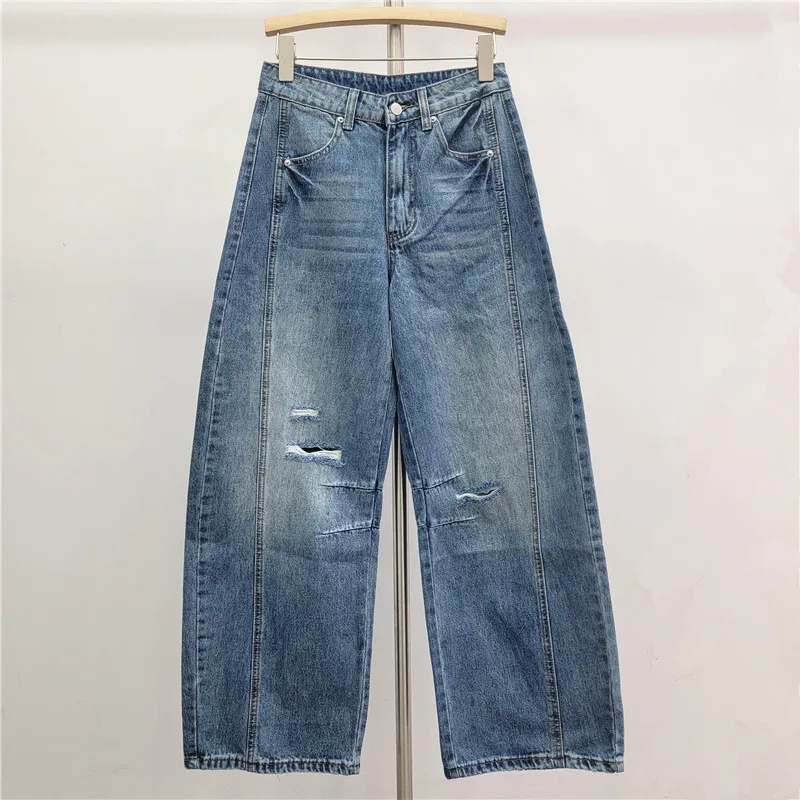 ANJY 2026 Early Spring New Women Fashion Washed Ripped Streetwear Jeans Distressed Versatile Trendy Loose Fit Denim Pants A17244