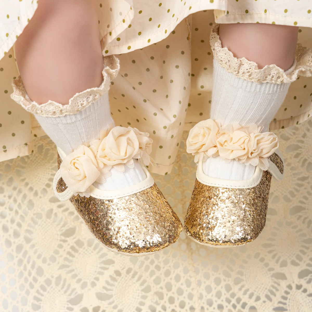 KIDSUN Gold Sequin Baby Girl First Walker Shoes Rose Girl Princess Shoes Newborn Soft Sole Non-slip Toddler Crib Shoes Mary Jane