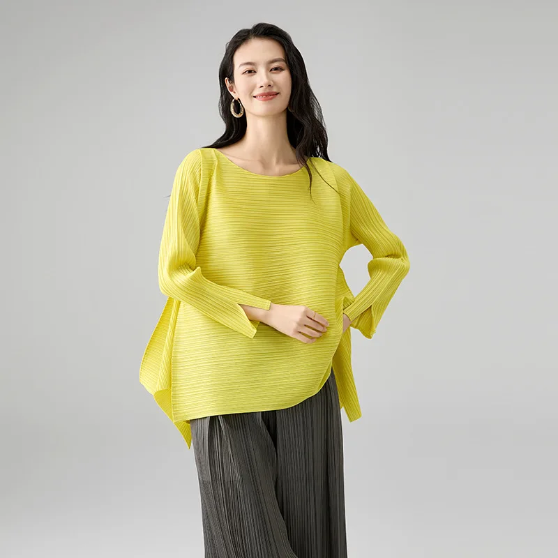 Miyake Pleated Solid Color Short-sleeved Fashion A Word Loose Thin Cuffs Open Fringe Long-sleeved T-shirt 2026 Spring New