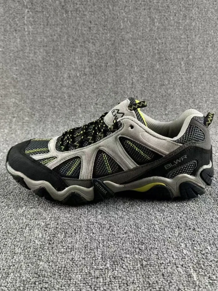 Mens Outdoor Breathable Genuine Leather Hiking Shoes Lace Up Patchwork Mesh Summer Cushioning Non-Slip Camping Sports Sneakers