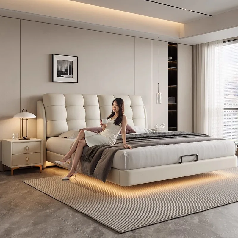 

Modern Luxury Wooden Bedroom Furniture Soft Up-holstered Beds king Size Double Bed Frame Queen Floating Suspension Set Design