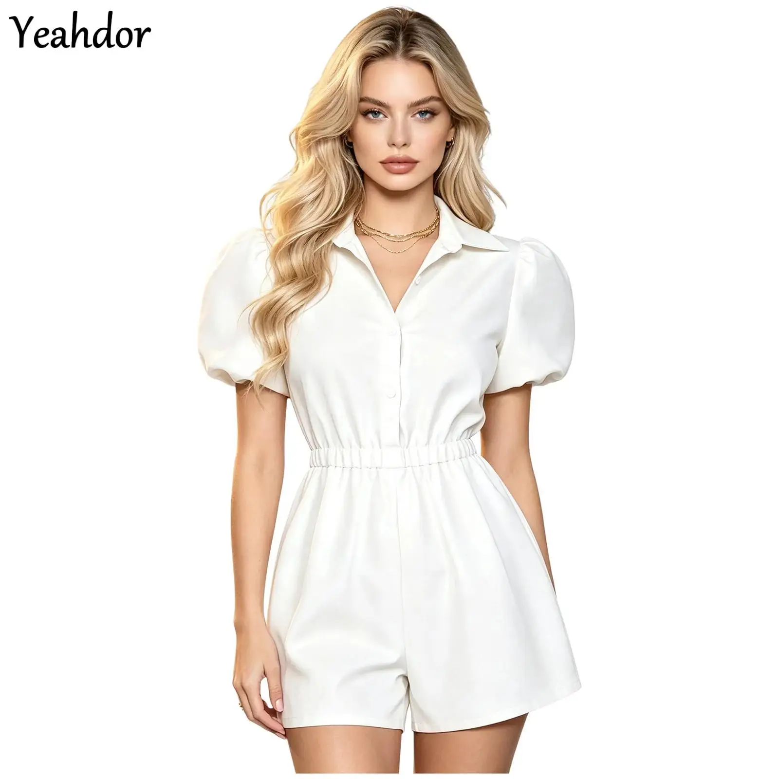 Women Summer Casual Rompers Short Puff Sleeve Lapel Front Button-down Elastic Waist Shorts Bottom Jumpsuit Office Work Vacations