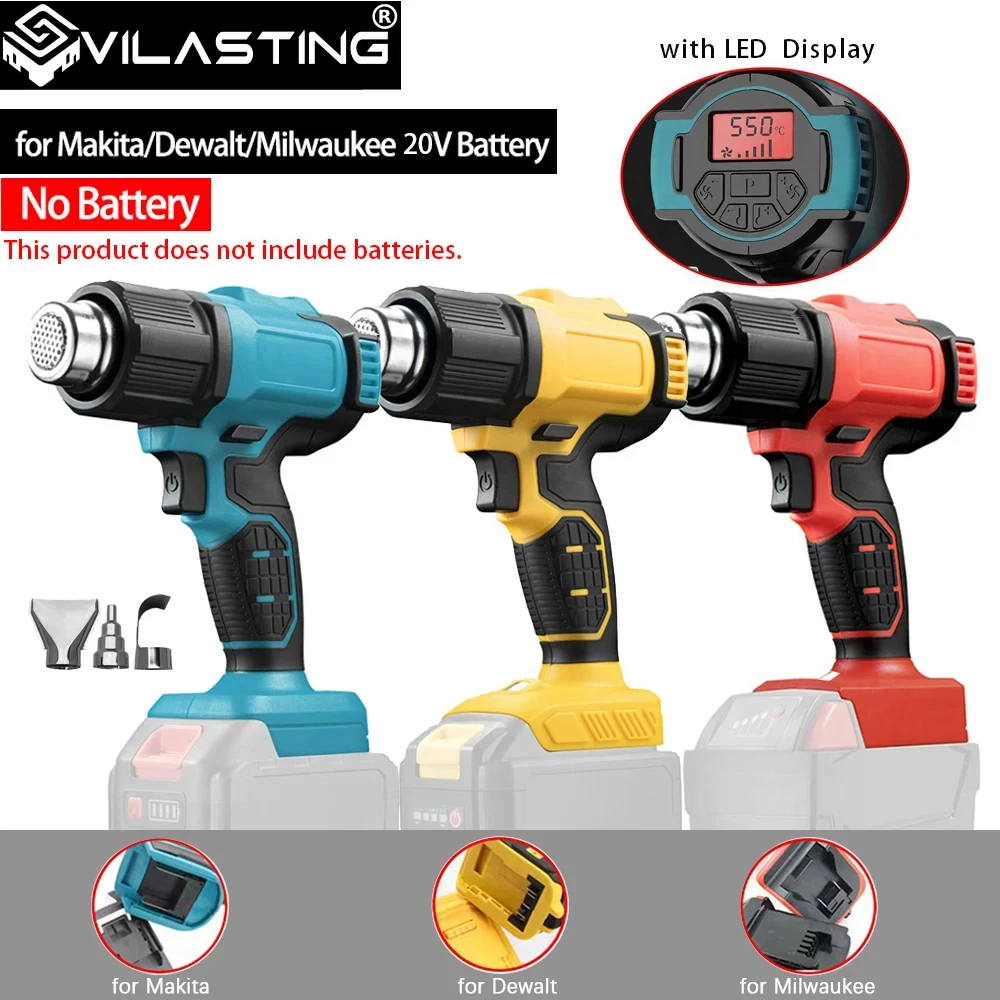 

Hot Air Gun Adjustable Temperature Cordless Electric HeatGun with Nozzles LED Display Fit Makita/Dewalt/Milwaukee 20V BatteryPin