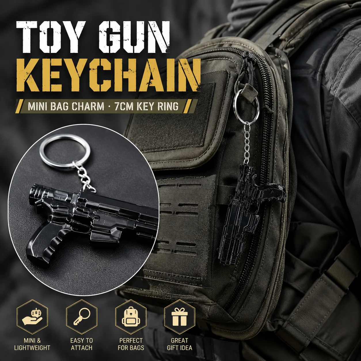 Mini Tactical Toy Gun Keychain 7CM Cyberpunk Style Bag Pendant Metal Key Ring Novelty Collectible Gift