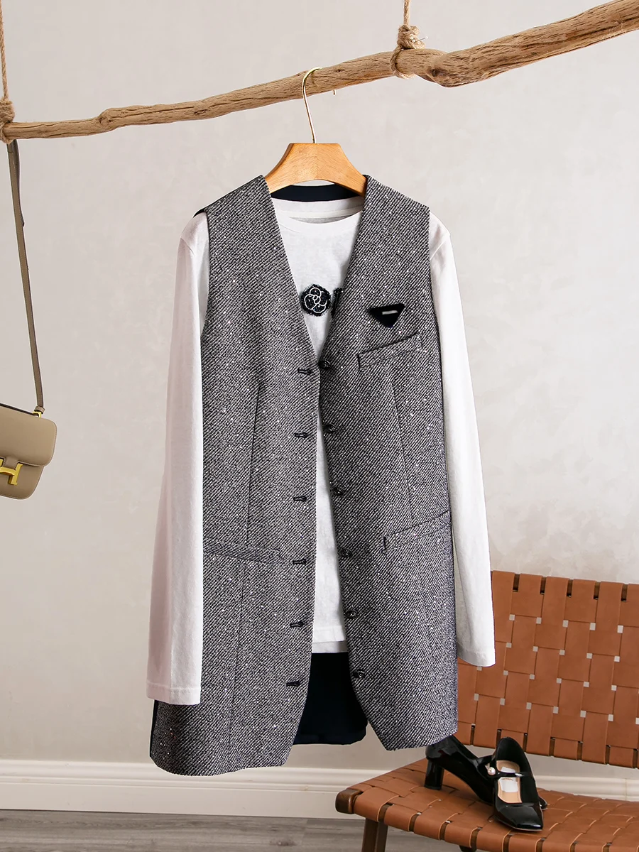 

YongLeap Early Spring New High-End Sequin V-Ne Single-Button Mid-Length Vest Jaet iny Tead Commute Sle Regular Thic...