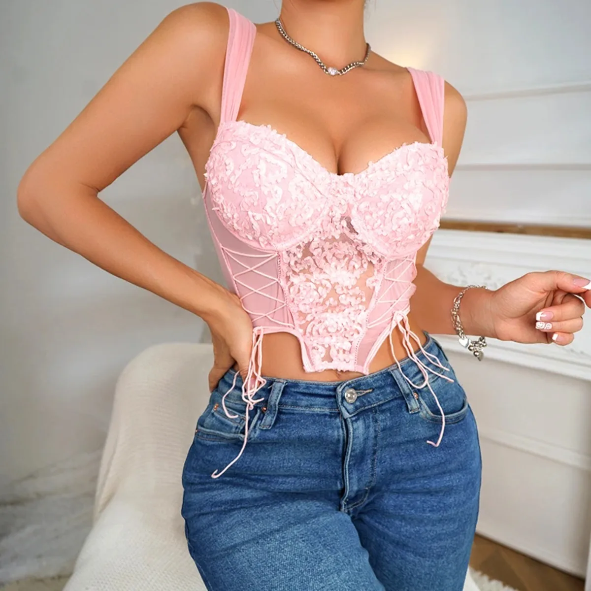 

Summer Women V-neck Mesh Steel Ring Gathered Drawstring Three-Dimensional Embroidery Perspective Hollowed Out Wide Shoulder Top