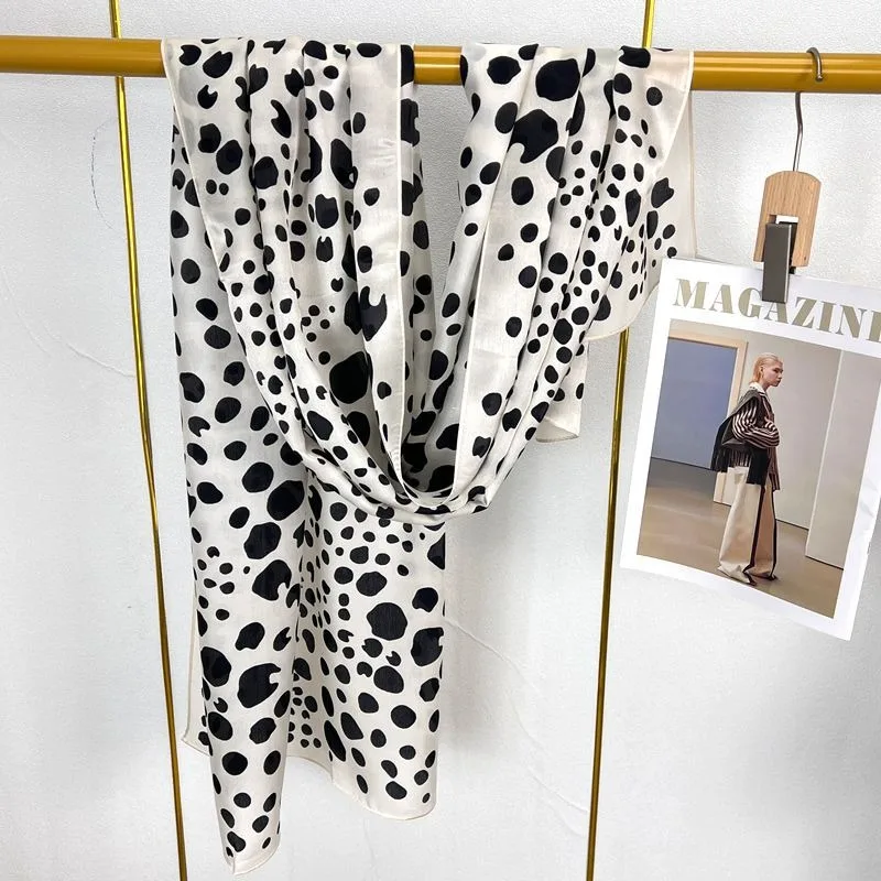 100% Mulberry Silk Leopard Polka Dot Black White Scarf Long Shawl Versatile Spring Summer High Sense Sun Protection Scarf